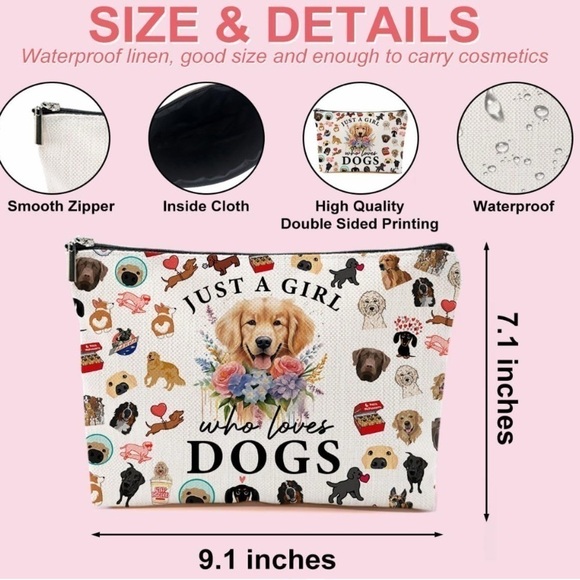 Makeup Bag for Dog Lovers NWT “Just a Girl Who Loves Dogs” 9.1 x 7.1 Waterproof - Picture 3 of 5
